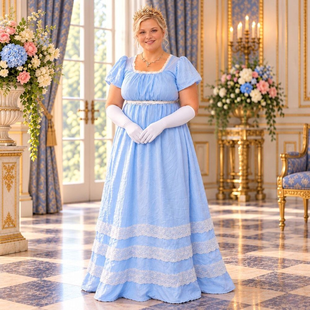 Women’s Regency Bridgerton Costume 1X 2X 3X Plus Size Blue Gown Crown Jewelry